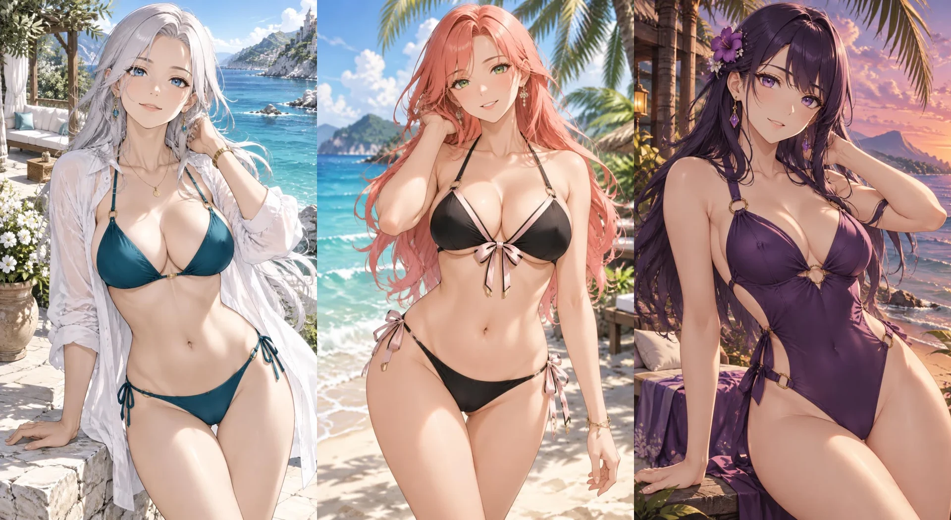 Aria, Luna and Yuki, original adult anime companions at the seaside