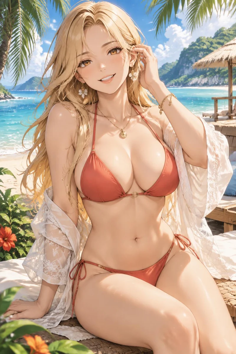 Mika, an adult anime companion on a tropical beach