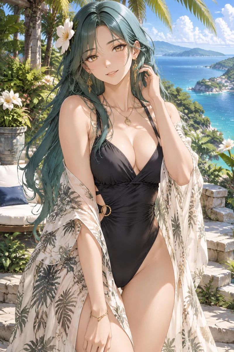 Sora, a fictional adult anime woman on a tropical coast