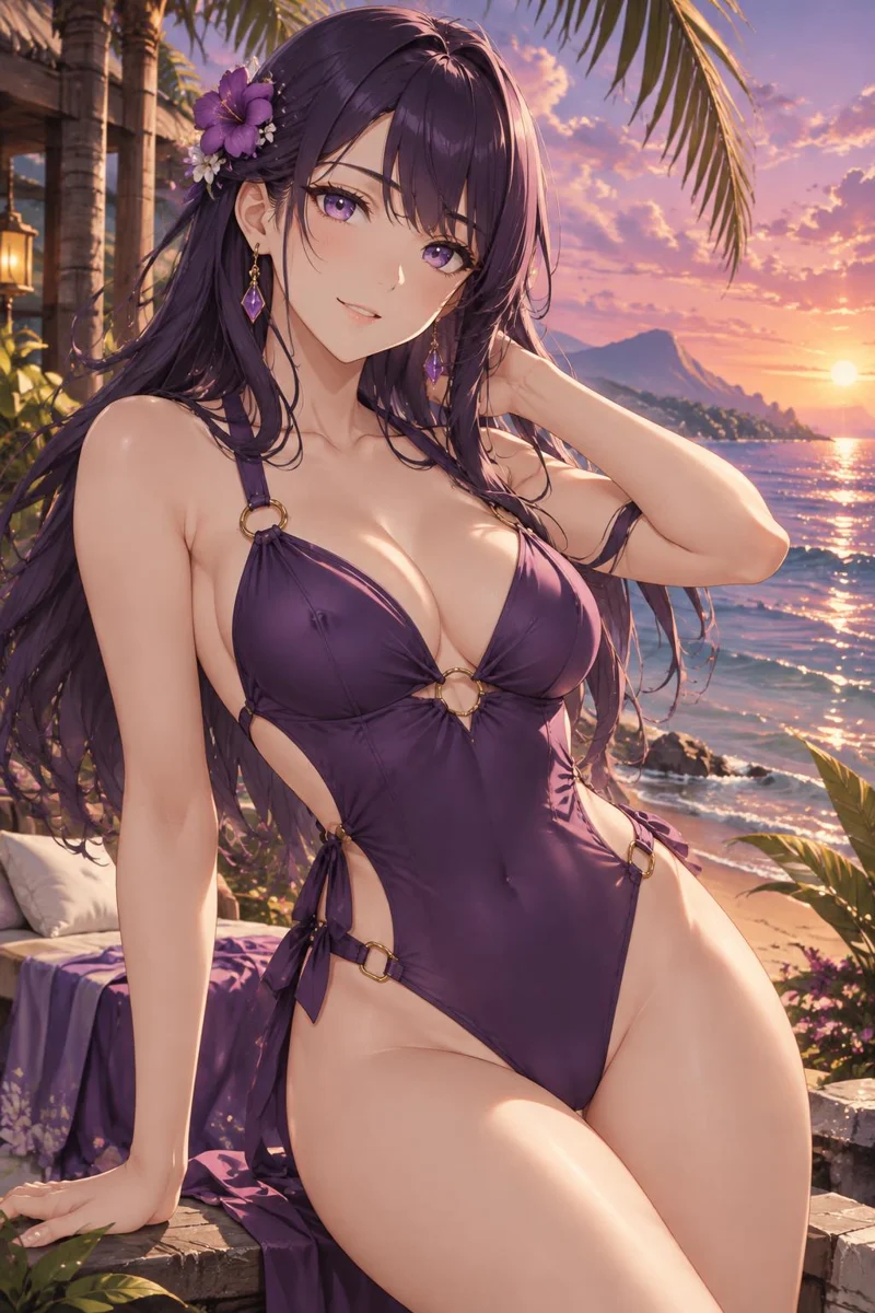 Yuki beneath palms at sunset